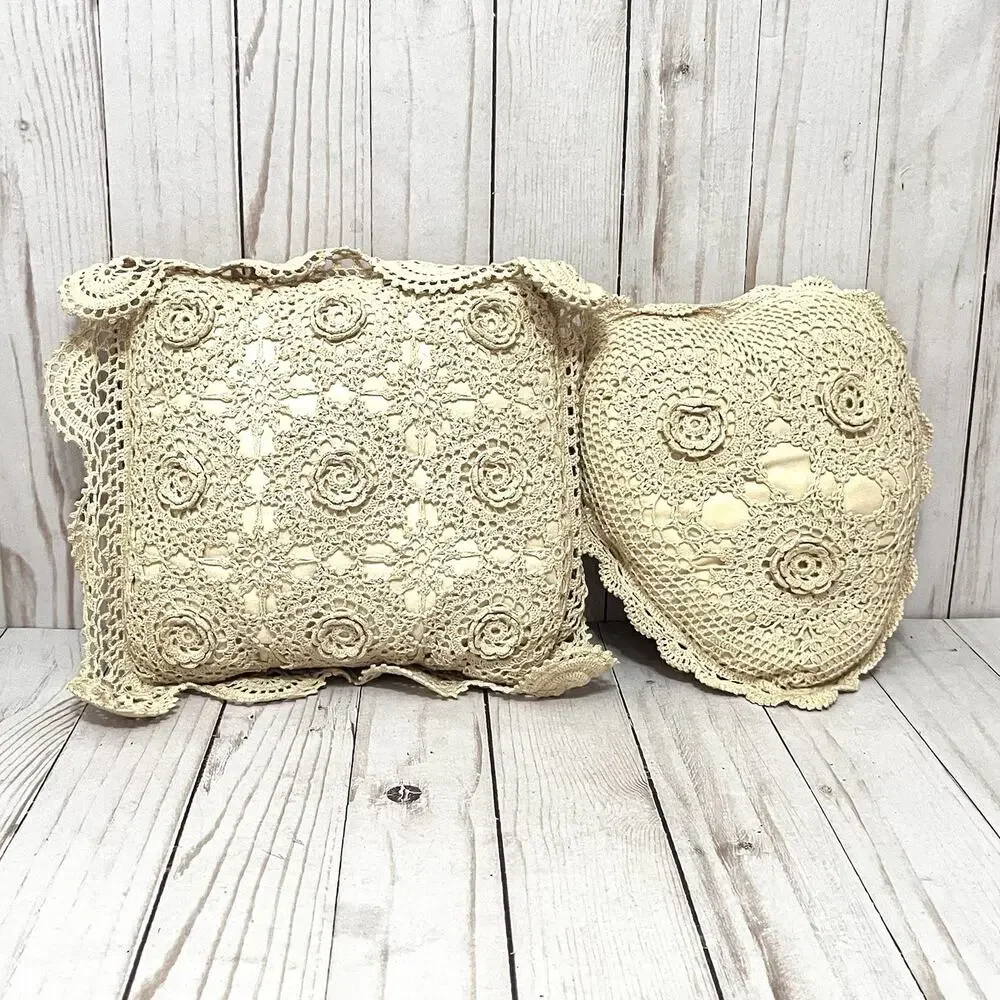 Keeco Vintage Cottagecore Crochet Lace Pillow Set Heart & Square Boho Chic 1995